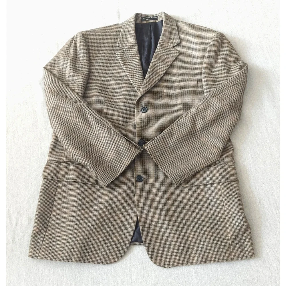 Vtg Andrew Fezza Silk Worsted Wool Sport Coat Blazer 42R Brown Houndstooth Check